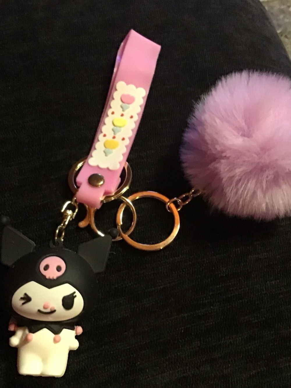 Pink Pom Pom Keychain with Cartoon Character Charm